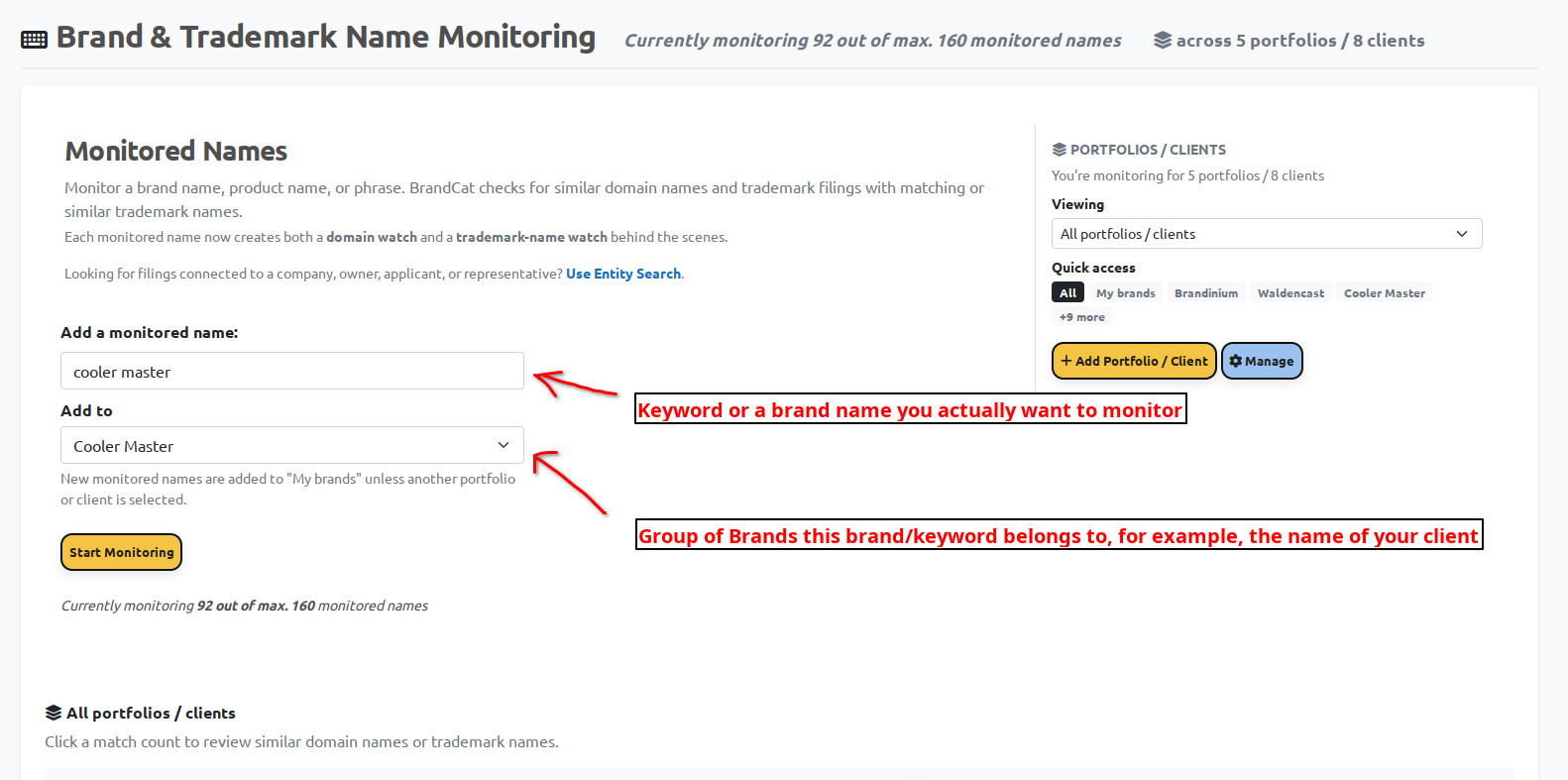 Adding a new monitored name in BrandCat