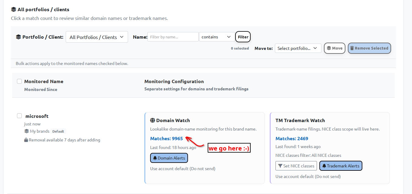 BrandCat overview showing both Domain Watch and TM Trademark Watch