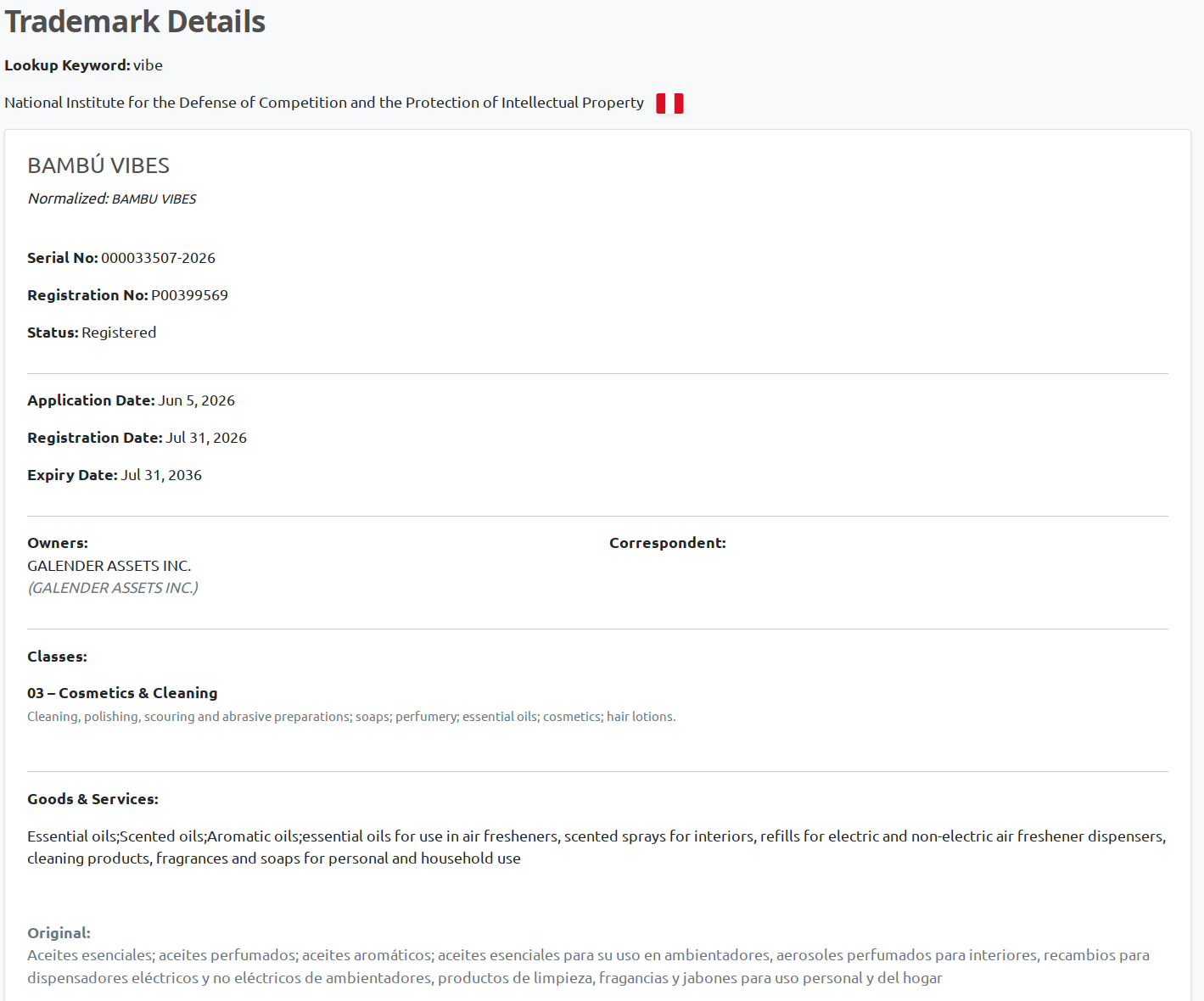BrandCat Peru INDECOPI trademark detail showing English Goods and Services translation and the original Spanish text