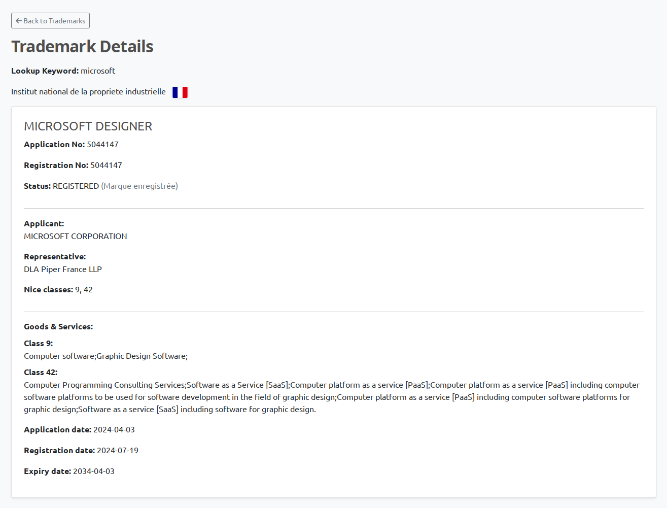 BrandCat France INPI trademark detail showing English Goods and Services translation and the original text in French