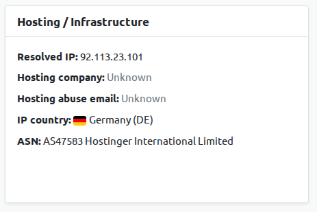 BrandCat domain details page section showing resolved IP, hosting company, hosting abuse email, IP country and ASN for a matched domain result