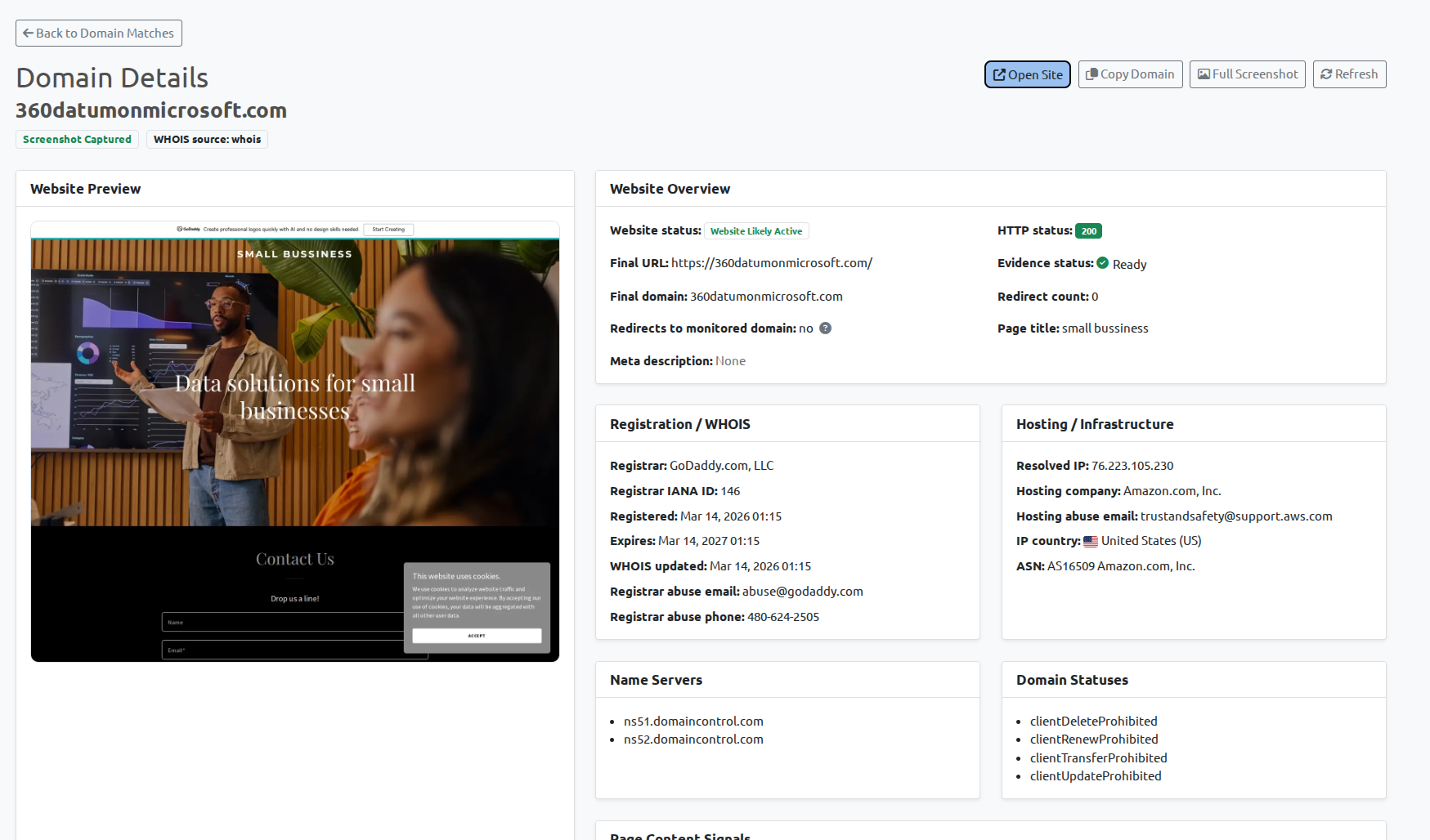 BrandCat domain details page showing a matched domain result with website preview, website overview, WHOIS data, hosting information, IP country, ASN, nameservers and domain status
