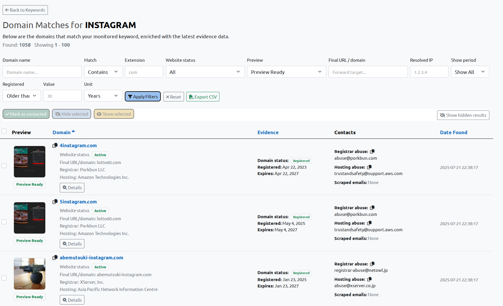 BrandCat domain matches table showing website previews, evidence data, registrar information, hosting contacts and filtering options
