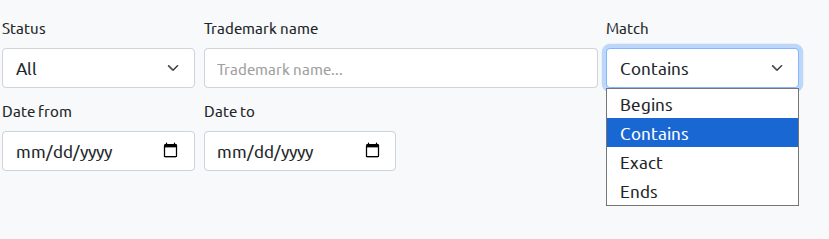BrandCat trademark search filter options showing contains, begins, exact and ends match types