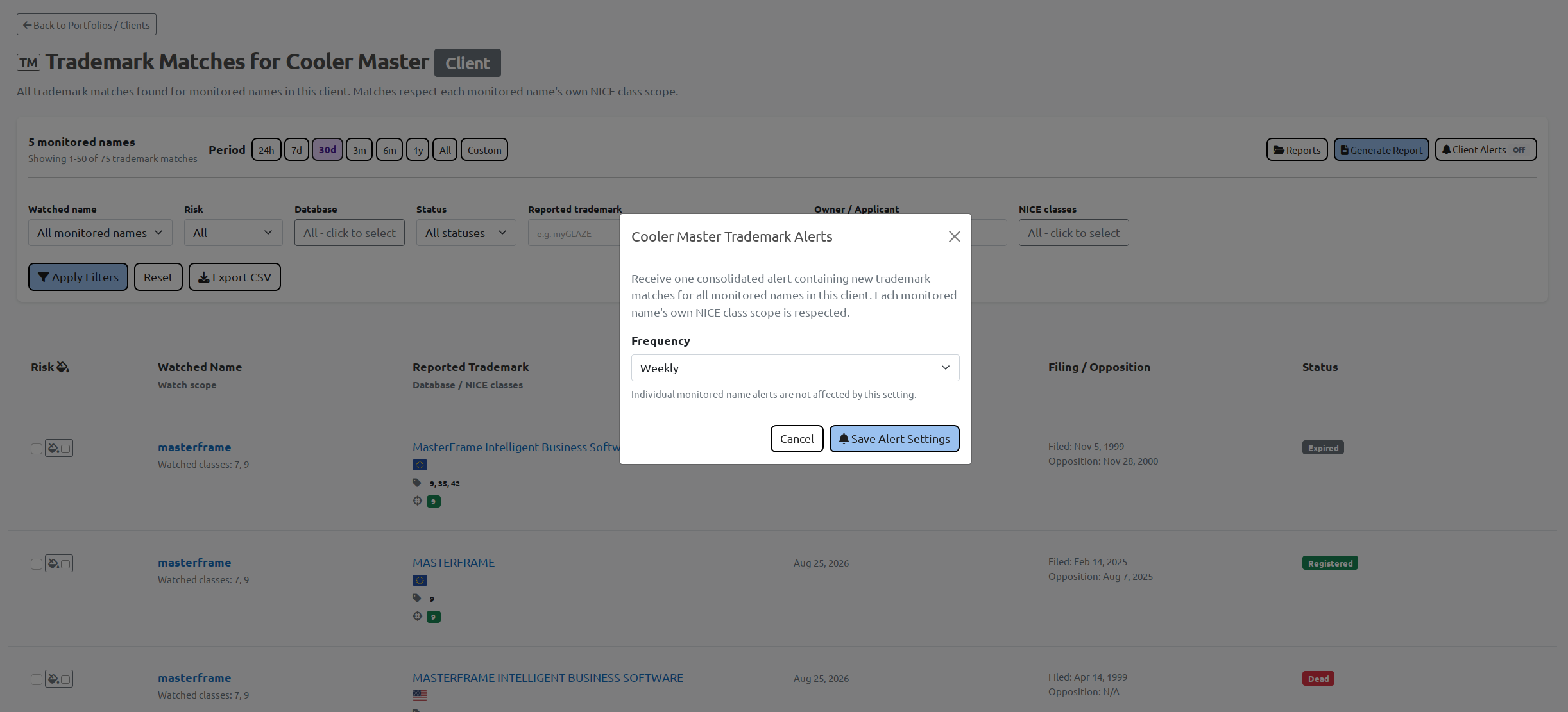 BrandCat trademark alerts with separate frequencies for individual marks and client portfolios