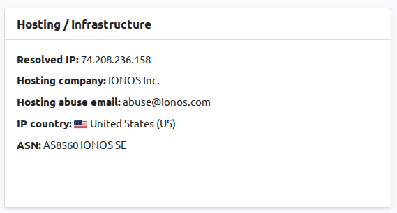 BrandCat domain details page section showing resolved IP, hosting company, hosting abuse email, IP country and ASN for a matched domain result