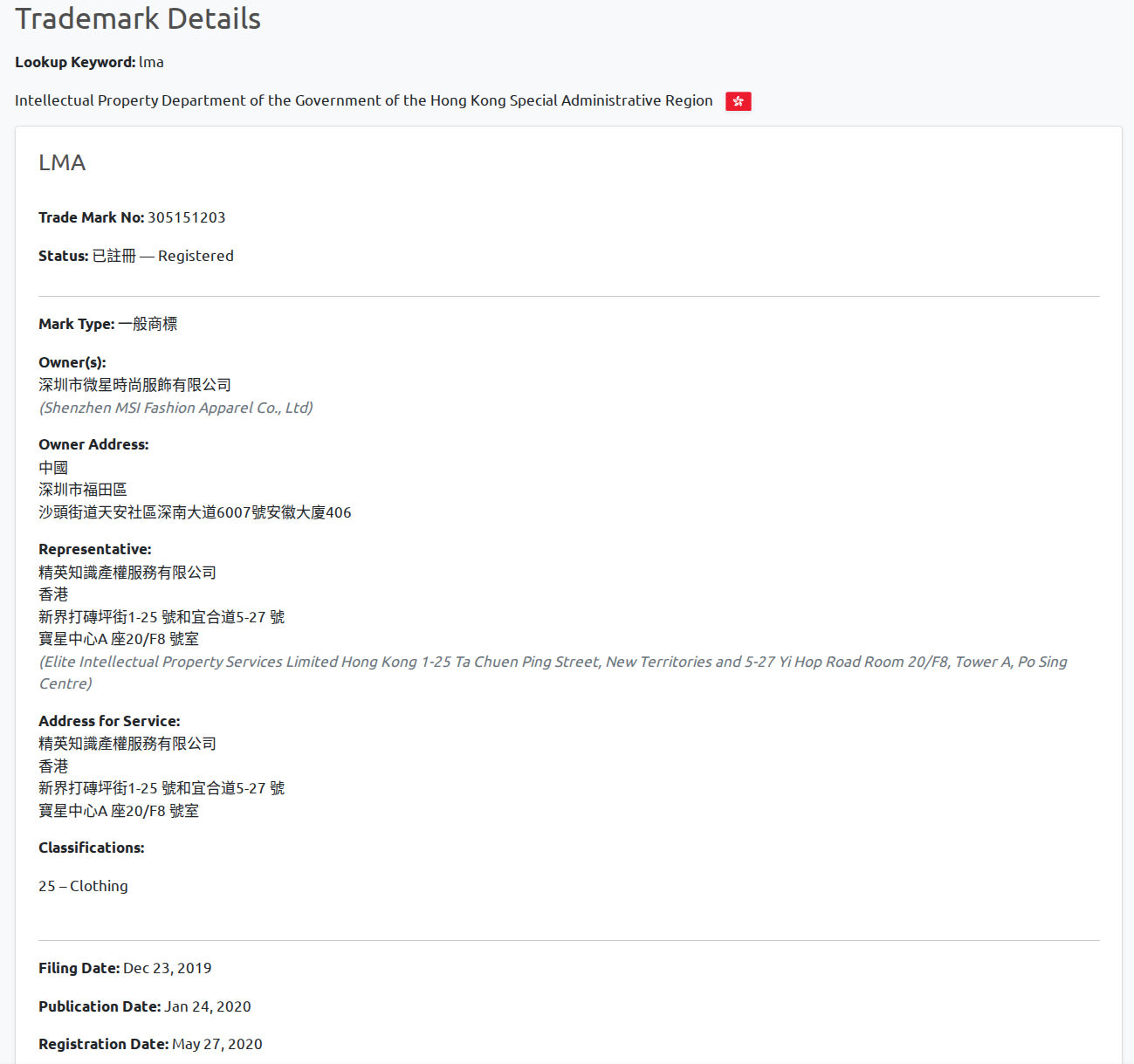 BrandCat Hong Kong IPD trademark detail view showing Chinese trademark status 已註冊 with English Registered label