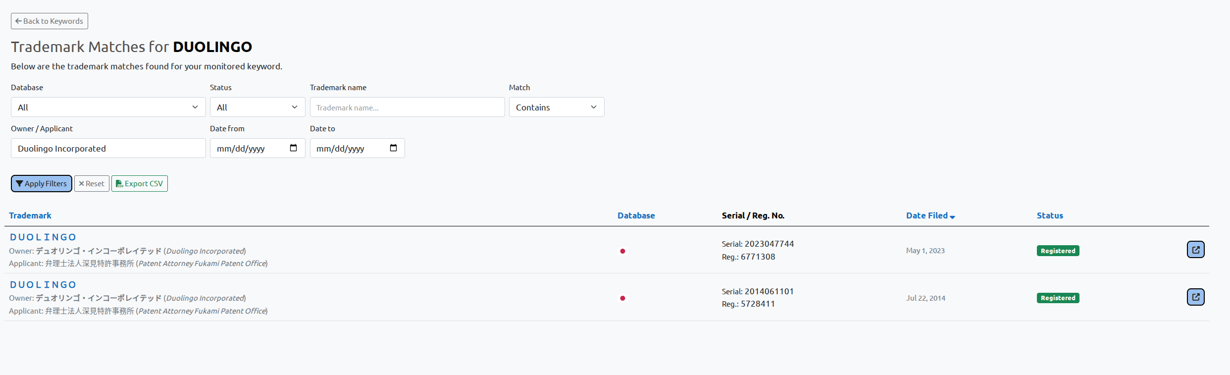 JPO trademark monitoring results using Latin-script owner search