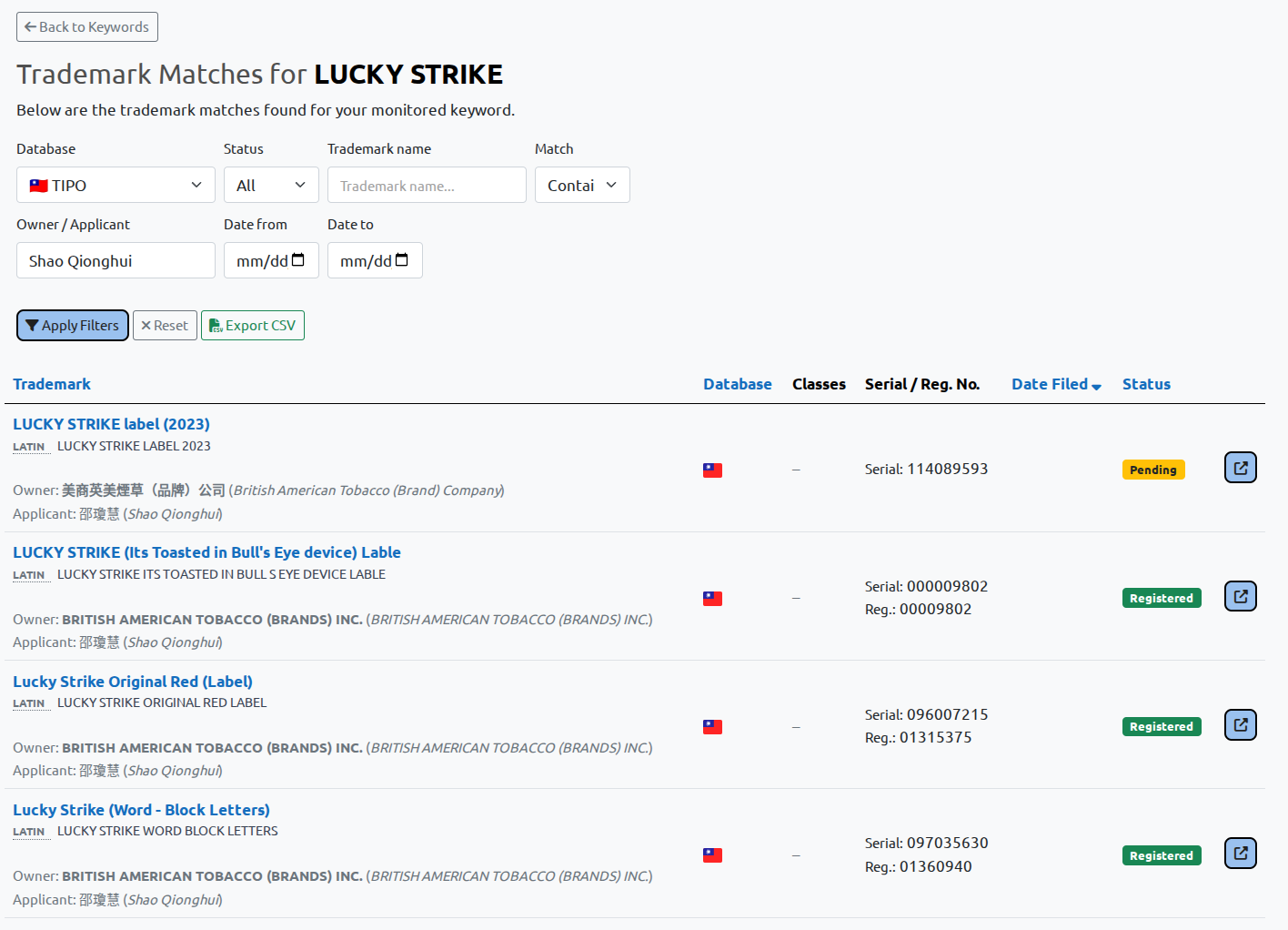 TIPO trademark results filtered using Latin-script text