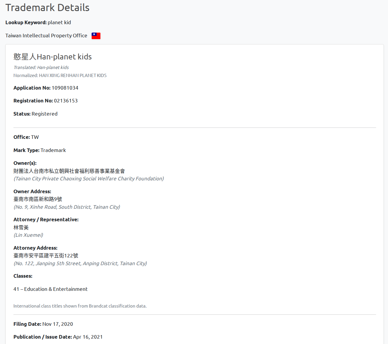 TIPO trademark detail view in BrandCat with Traditional Chinese fields, translated text, owner data, classes, and dates