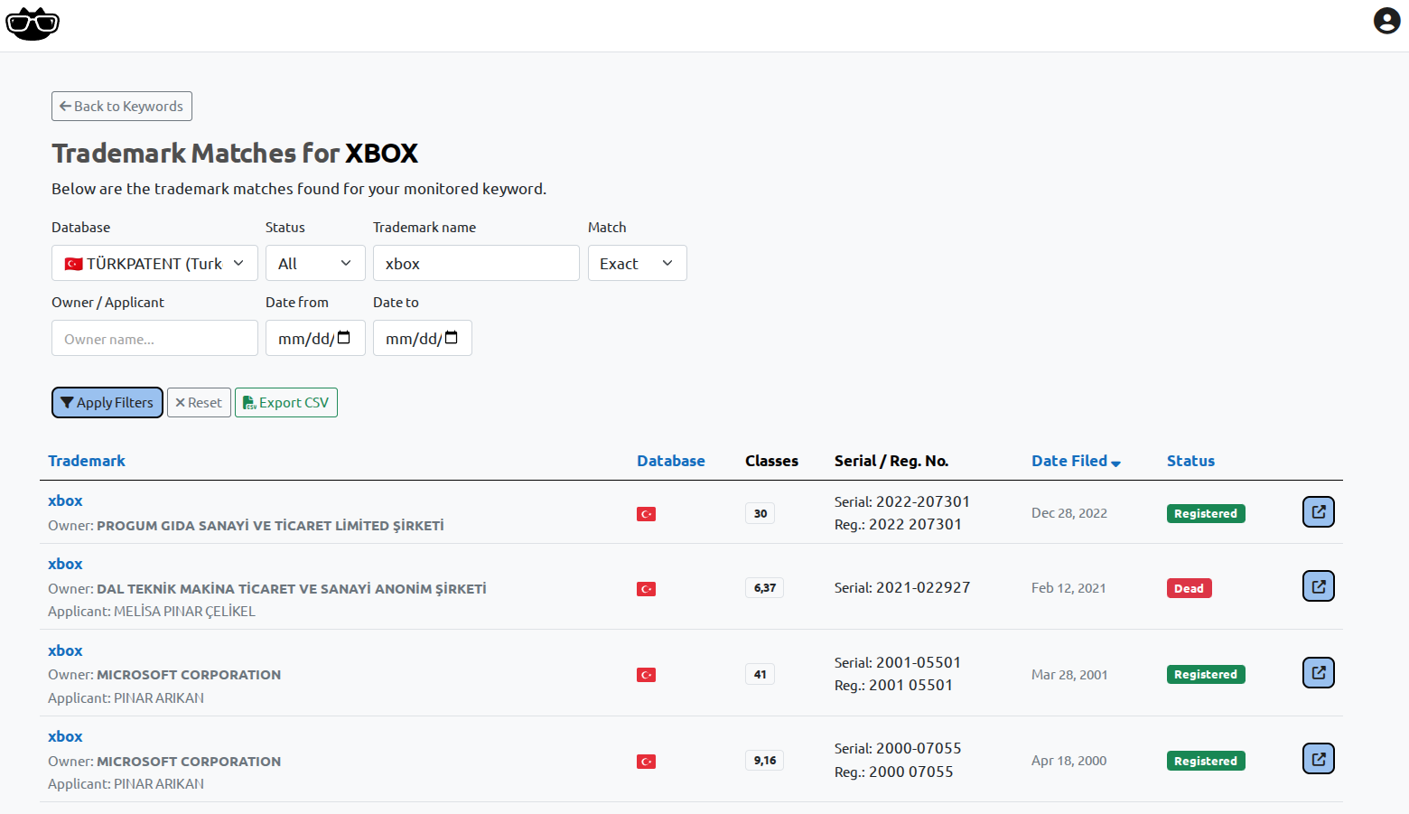TÜRKPATENT trademark monitoring results list in BrandCat