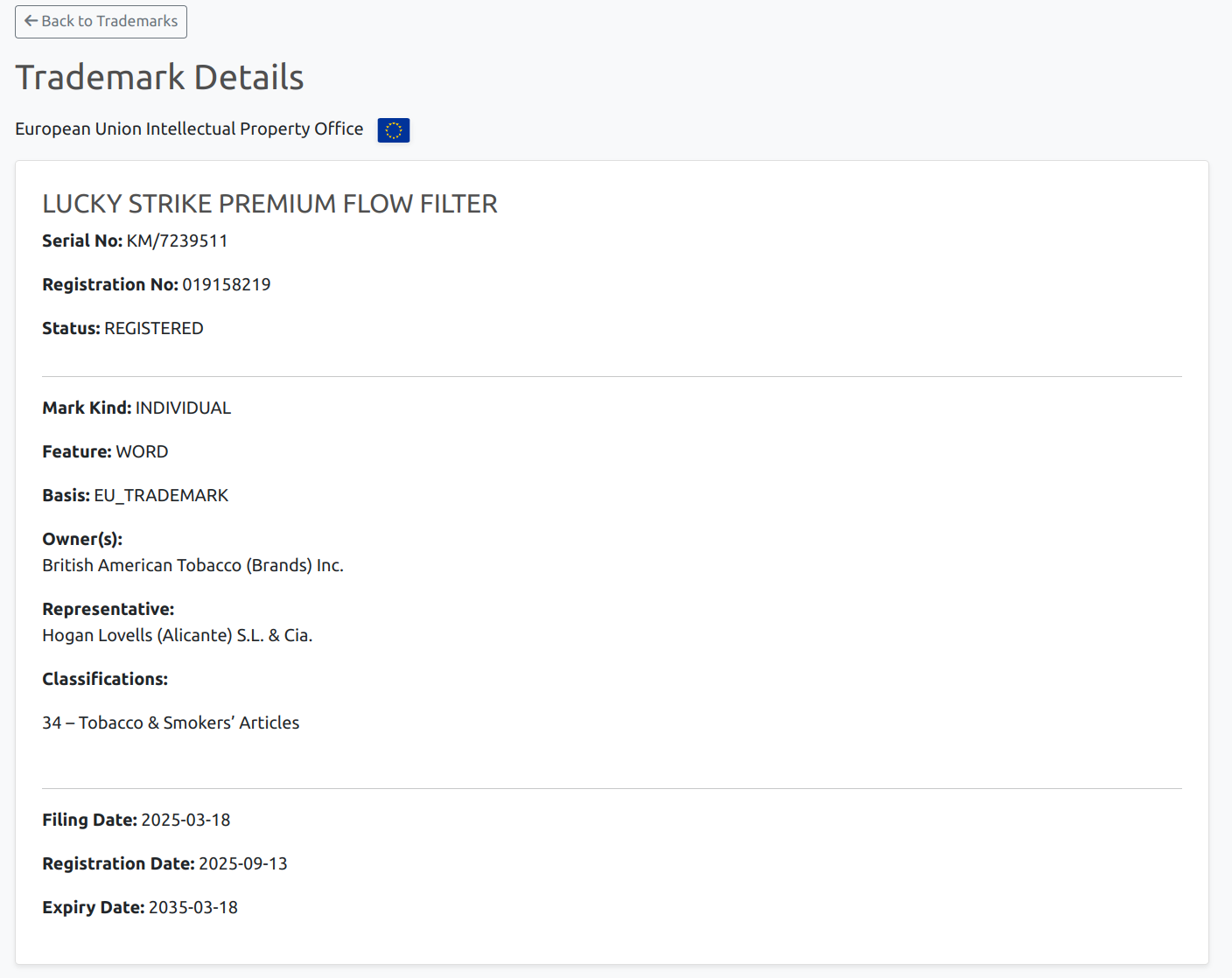 EUIPO trademark details view