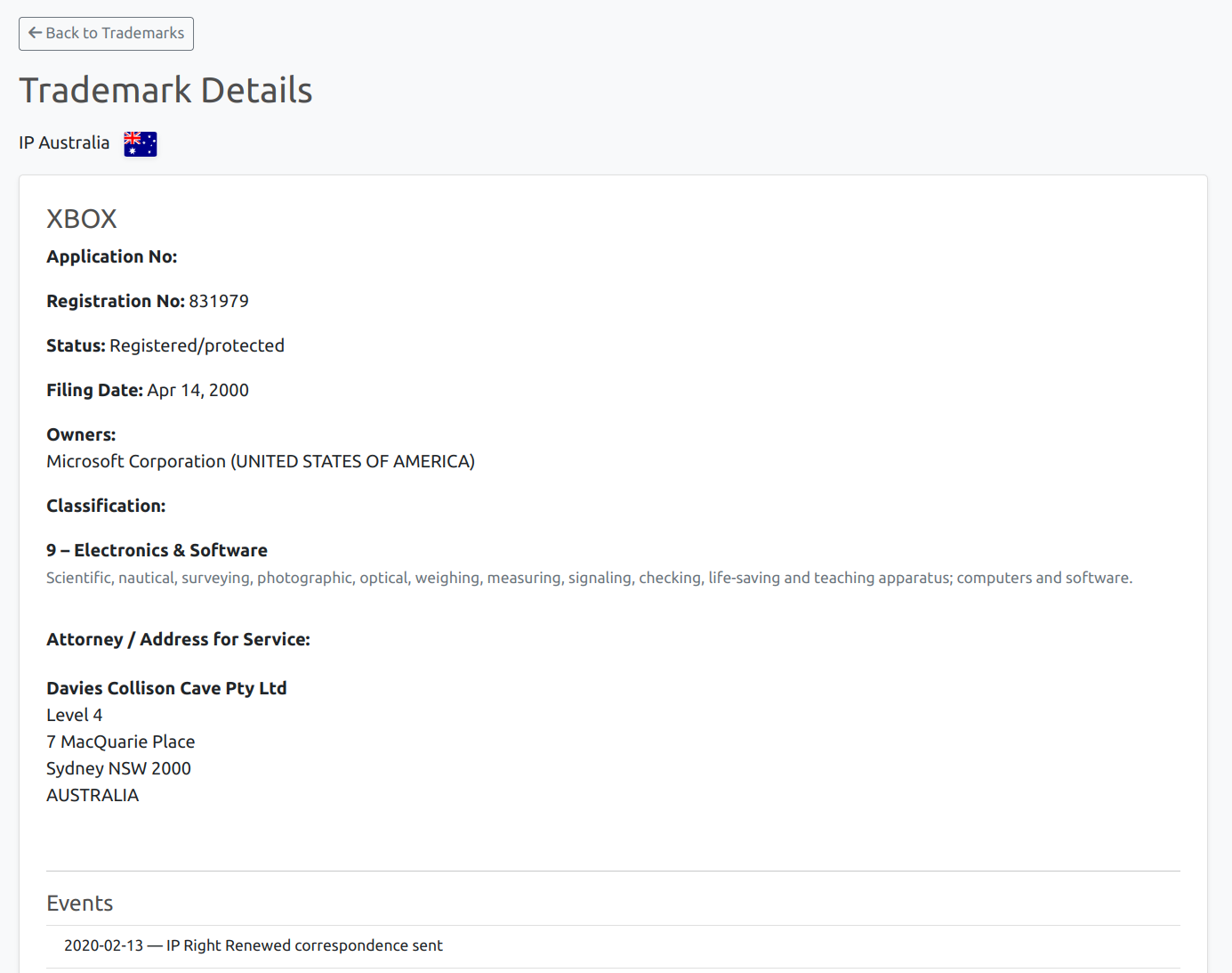 IP Australia trademark details view